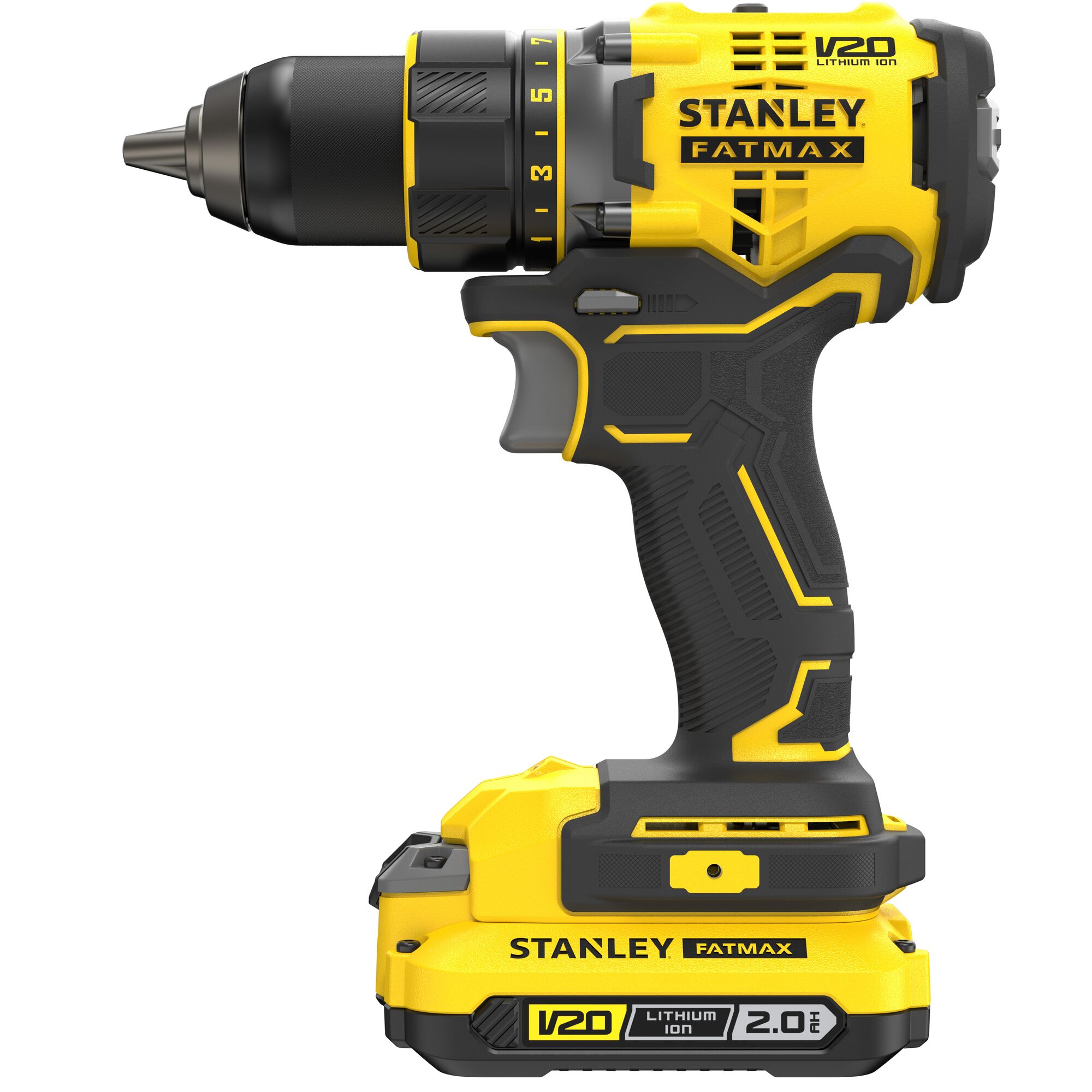 STANLEY SFMCD720D2K perceuse-visseuse sans fil, jaune et noire, vue latérale, avec batterie V20 lithium-ion 2,0Ah.